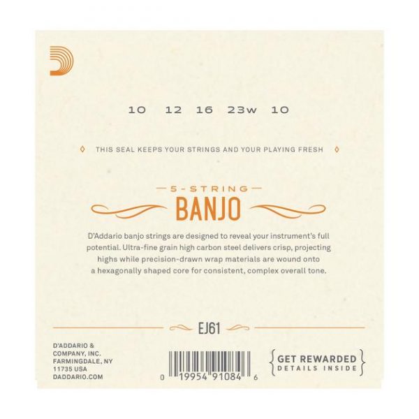 D'Addario EJ61 5-String Banjo Nickel Wound Medium Gauge 10-23