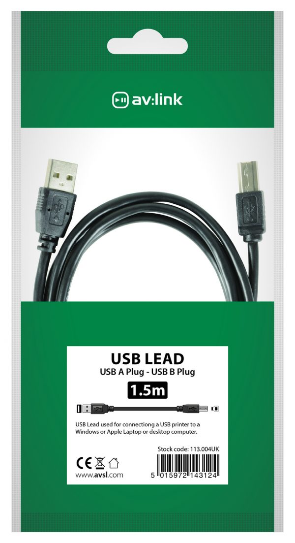 av:Link USB 2.0 Type A Plug to Type B Plug Lead