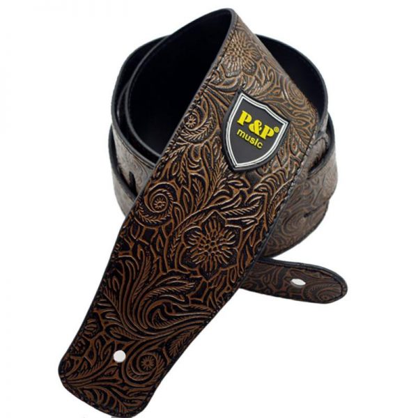 P&P PU Leather Guitar Strap Brown Floral