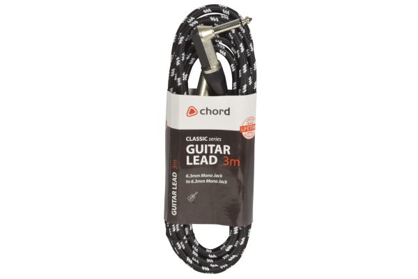 Chord Braided Guitar Cable 3 Metre Right Angled Black/White