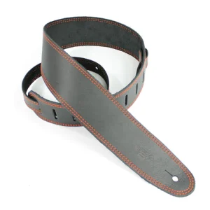 DSL Leather 2.5" Guitar Strap Black with Orange Stitching