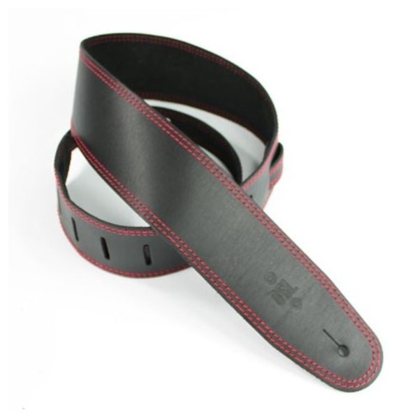 DSL Leather 2.5" Guitar Strap Black with Red Stitching
