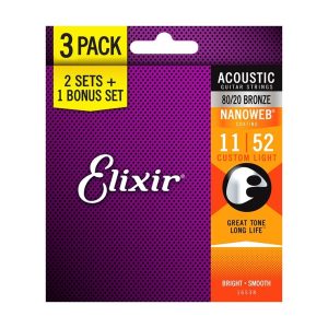 Elixir 80/20 Bronze Nanoweb Acoustic Guitar Strings 3 Pack 11-52