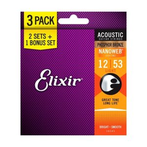 Elixir Phosphor Bronze Nanoweb Acoustic Guitar Strings 3 Pack 12-53