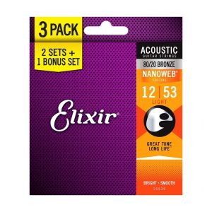 Elixir 80/20 Bronze Nanoweb Acoustic Guitar Strings 3 Pack 12-53