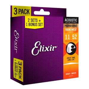 Elixir Phosphor Bronze Nanoweb Acoustic Guitar Strings 3 Pack 11-52