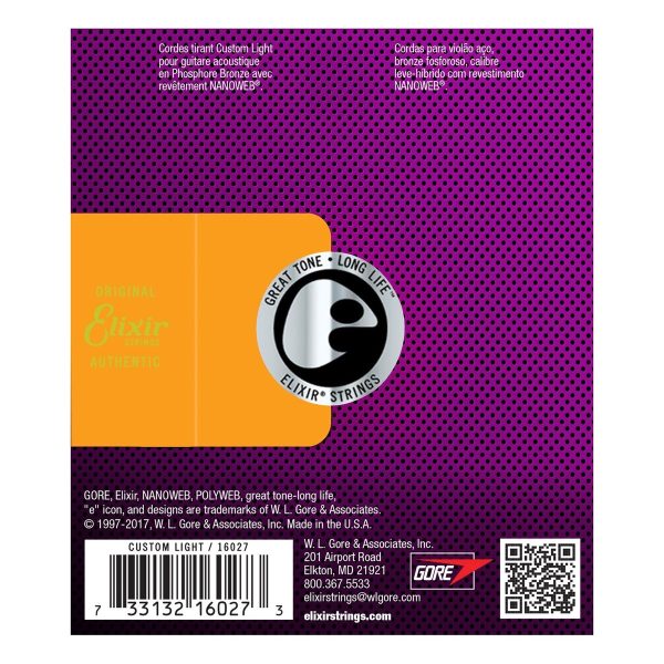 Elixir 16027 Nanoweb Custom Light Phosphor Bronze Strings 11-52