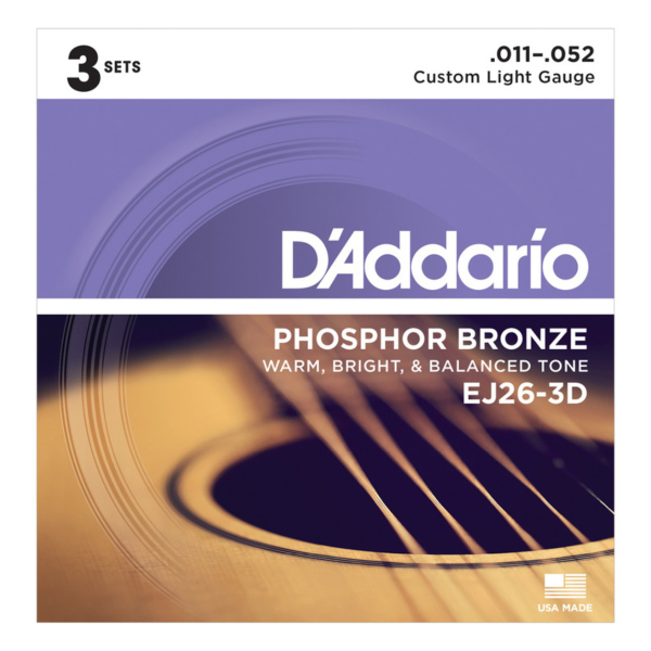 Daddario EJ26-3D Phosphor Bronze Custom Light 11-52 3 Pack