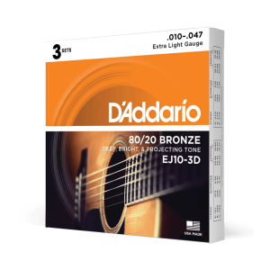 Daddario EJ10-3D 80/20 Bronze Acoustic Guitar Strings Extra Light 10-47 3 Pack