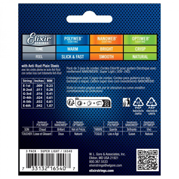Elixir 16540 Nanoweb Electric Guitar Strings 3 Pack 9-42