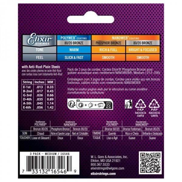 Elixir Phosphor Bronze Nanoweb Acoustic Guitar Strings 3 Pack 13-56